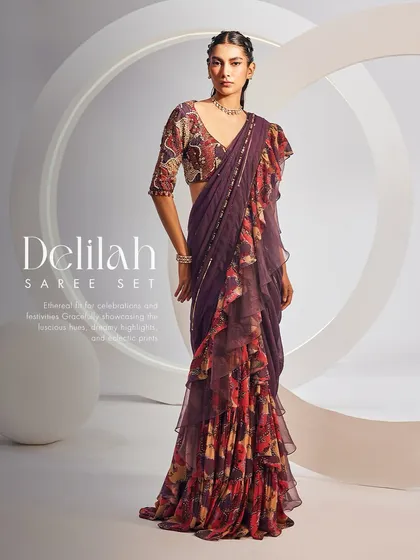 The DELILAH Saree Set, an ethereal fit for celebrations and festivities, featuring a printed blouse and matching printed ruffle saree.