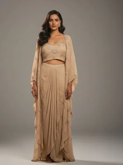 For a modern take on Indian wear, I love this beige Indo-Western set. The draped skirt and embroidered cape are effortlessly chic, ideal for a sangeet or a destination wedding event.