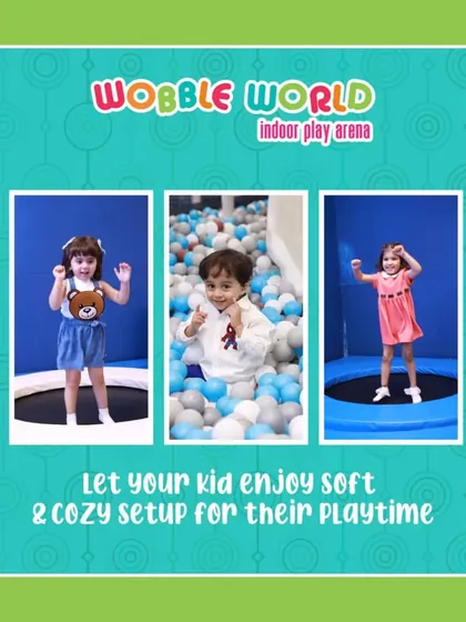 This collage shows the variety of soft and cozy setups for playtime, from the trampoline to the ball pit.