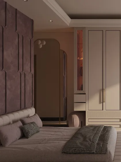 The view from the bed, showing the arched mirror reflecting the soft, graceful details of the room.