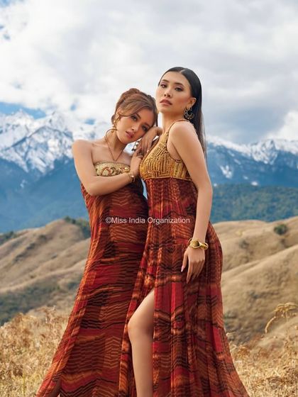 Two models from the Femina Miss India shoot. We created complementary hairstyles, one a soft updo and the other a sleek, straight look, to suit their individual features and outfits.