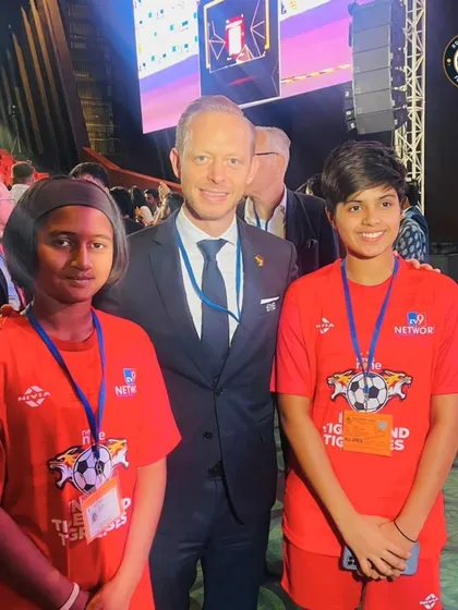 Our player Aradhya Dhang pictured with an official during the selection event for the Tiger Tigress Camp in Austria, a proud moment for her and the club.