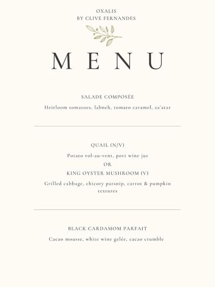 A simple yet elegant menu for a Sunday Supper. This three-course meal highlights seasonal ingredients with options for both non-vegetarian (Quail) and vegetarian (King Oyster Mushroom) guests.