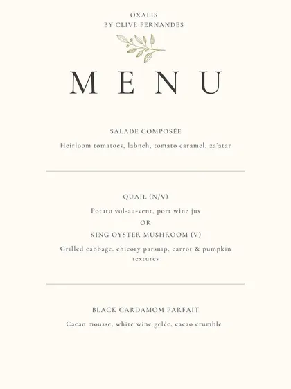 A simple yet elegant menu for a Sunday Supper. This three-course meal highlights seasonal ingredients with options for both non-vegetarian (Quail) and vegetarian (King Oyster Mushroom) guests.