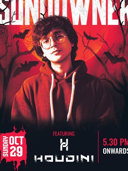 The flyer for a Halloween sundowner event in Chennai. Sunset sets are always magical, and a Halloween theme makes it even more fun.