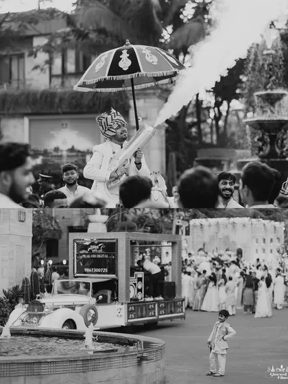 A high-energy baraat procession with the groom on a vintage vehicle equipped with a sound system and smoke effects. This is how you make an entrance.