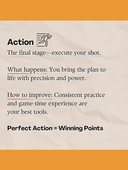 The final stage of a great shot is Action. Through consistent practice and game-time experience, we help you execute your plan with the precision and power needed to win points.