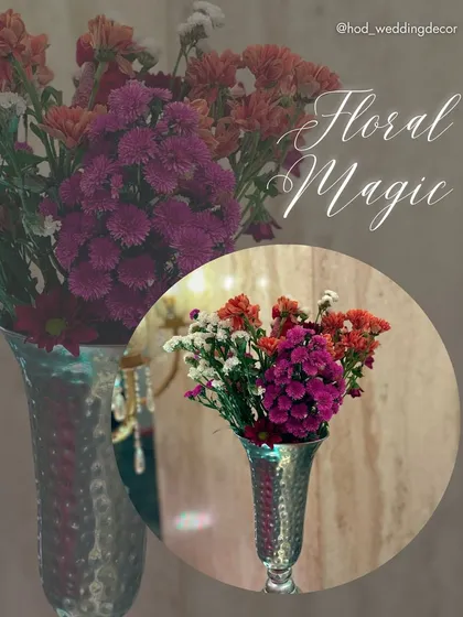 A "Floral Magic" collage, highlighting simple yet beautiful arrangements of purple and orange flowers in sleek silver vases.