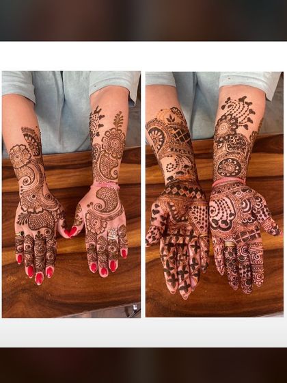 A before-and-after collage showing a fresh Arabic design and its beautifully dark stain, alongside another intricate traditional piece.