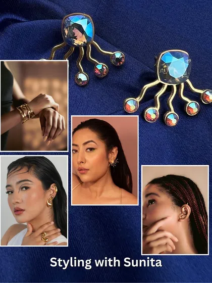A showcase of modern and edgy bridal accessories, featuring unique ear cuffs, stacked bracelets, and statement rings.