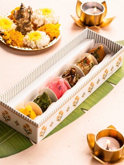 Ganpati’s favourite treat, made with love and purity. This is a box of my assorted modaks, beautifully arranged for offering and sharing during Ganesh Chaturthi.