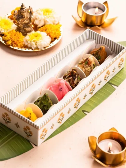 Ganpati’s favourite treat, made with love and purity. This is a box of my assorted modaks, beautifully arranged for offering and sharing during Ganesh Chaturthi.