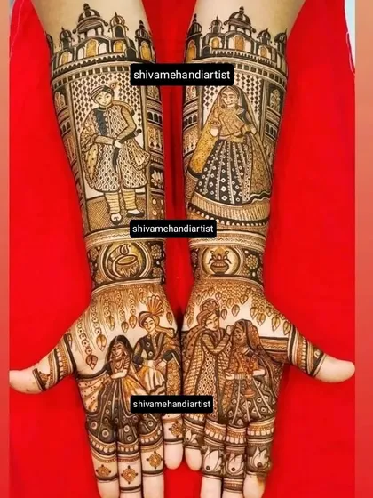 This design includes multiple portraits, showing the couple on their wedding day and also with their family. The forearms depict the bride and groom in royal attire.
