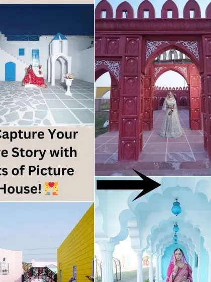 A summary of what we offer: a collage of our most popular sets like the Santorini, Red Fort, and European street themes, inviting you to capture your love story with us.