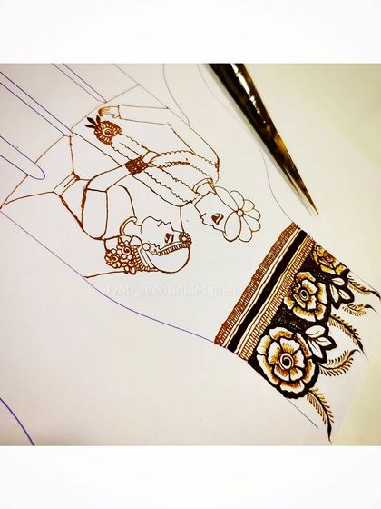 An outline sketch of a bride and groom during their varmala ceremony. This is the first step in creating a detailed and personalized wedding portrait.