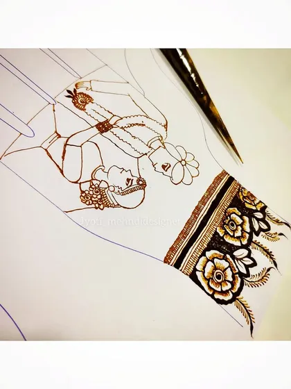 An outline of a varmala scene in progress. This is an early stage in the learning process where we focus on getting the composition and basic shapes right.