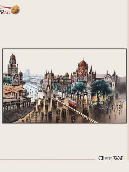 A detailed view of an architectural painting of Mumbai, showcasing its potential as a statement piece for a corporate or professional setting.