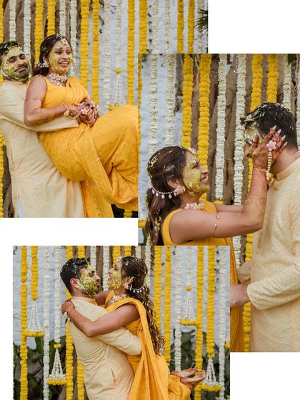 Playful moments from a fun-filled Haldi. The backdrop of yellow and white flower strings adds a traditional yet festive touch to the celebration.