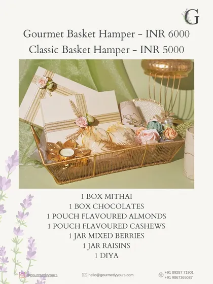 Details of our Diwali Gourmet and Classic Basket Hampers. This image lists the generous contents, including multiple boxes of sweets, flavored nuts, and berries.