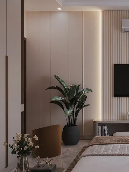 A guest bedroom featuring a warm, mustard-colored headboard and textured wall panels. The render creates a cozy and inviting atmosphere.