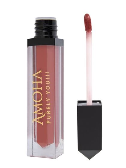 An open tube of dusty rose 'Amoha' lipstick on a white background.