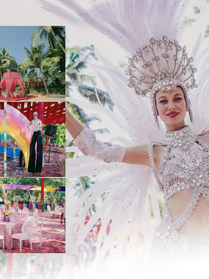 A glimpse of the vibrant decor and international performers at a wedding carnival. We bring in all the elements to make the theme come alive.