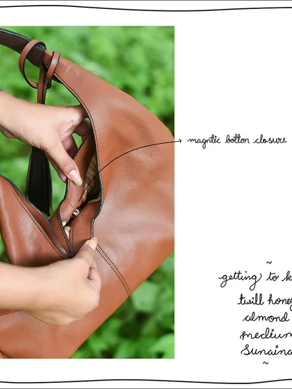 The magnetic button closure on the Medium Sunaina is strong and easy to use, ensuring your belongings are secure.