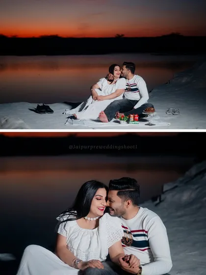 A cozy and intimate picnic setup for Ishant and Saloni by the water at dusk. The warm glow of the sunset creates a beautiful, romantic atmosphere.
