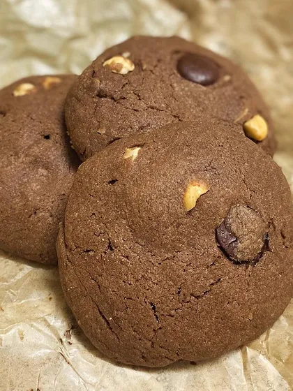 Another view of our decadent double chocolate chip cookies, a must-try for any chocolate lover.