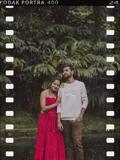An artistic edit of a pre-wedding photo with a Kodak Portra film frame, adding a vintage and timeless feel.