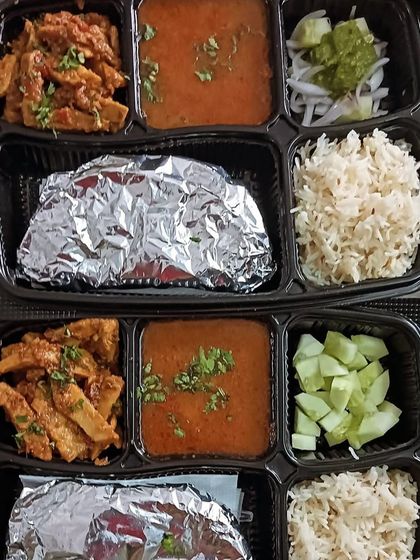 A customized thali with chana masala and arbi sabzi. I love creating these unique combinations based on customer requests.