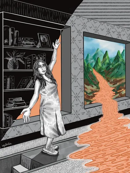 Part of my surreal dream series, this illustration explores how books can be a secret door to another world. I used a mix of detailed pen art and a splash of color to show that escape into imagination, where a river of dreams flows right out of a window.