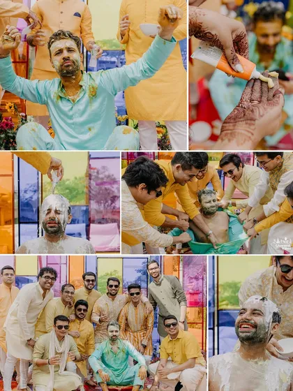 A collage showing the groom's Haldi ceremony. It's all about friends, family, and a whole lot of fun and mess.