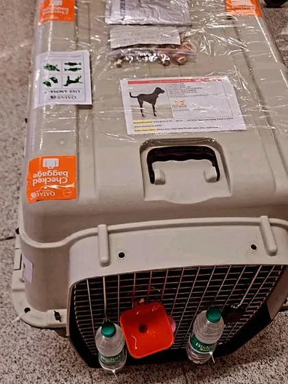 This is the travel crate for Xena's journey to America. It's fully equipped and labeled according to international airline standards for manifest cargo.