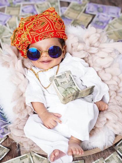 A fun and creative "youngest richest baby" themed shoot, with a newborn in a Marwari-style outfit surrounded by prop money.