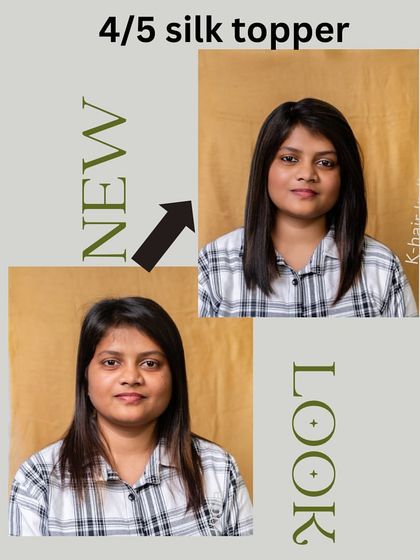 A new look in an instant. This client's style is elevated with a 4/5 silk topper with brown highlights, adding volume and a touch of color that beautifully complements her features.
