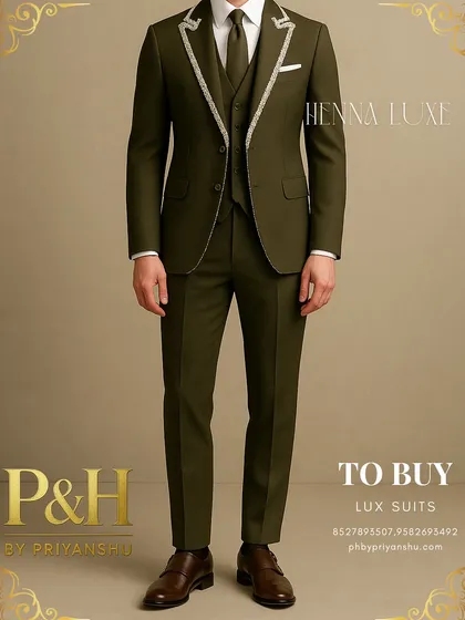 A full-length view showcasing the suit's sharp, tailored fit.
