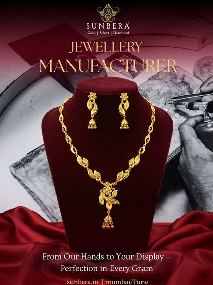 This graphic illustrates our manufacturing promise: 'From Our Hands to Your Display.' The featured lightweight gold necklace set is a prime example of the perfection we deliver in every gram.