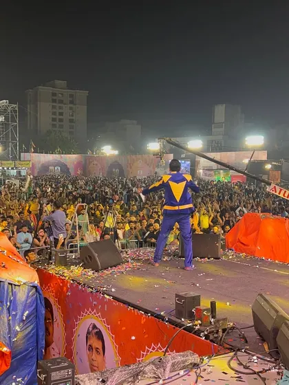 This is my view from the stage at the Rangraas Navratri festival. Facing a sea of thousands of people, I connect with them, make them a part of the show, and ensure the energy never drops for a second.