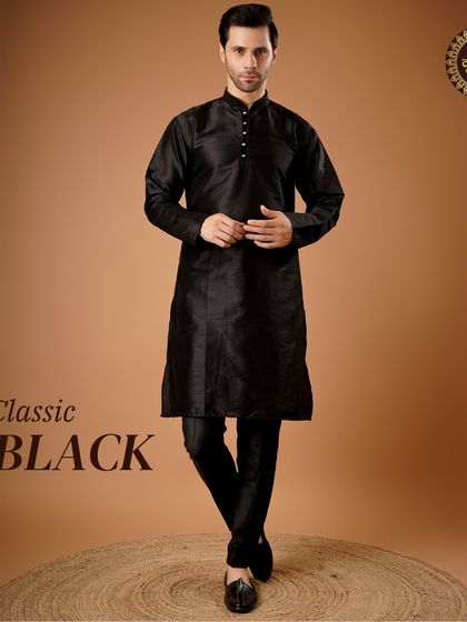 Classic black. A timeless black kurta set that is a versatile and essential piece for any man's ethnic wardrobe.
