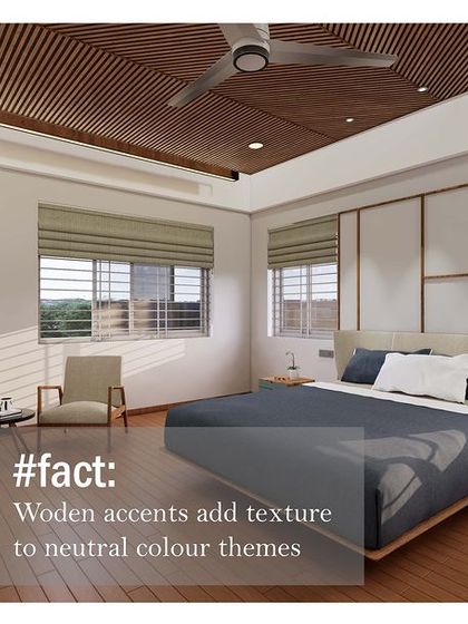 A 3D render of a bedroom concept showing how wooden accents on the ceiling and floor add texture and warmth to a neutral color scheme.