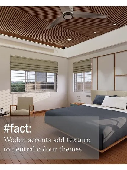 A 3D render of a bedroom concept showing how wooden accents on the ceiling and floor add texture and warmth to a neutral color scheme.