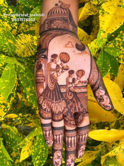 Another beautiful Karwa Chauth design, this time set against a backdrop of lush leaves. The scene depicts women looking at the moon to break their fast.