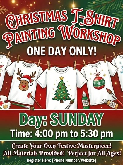 A flyer for our popular one-day Christmas T-shirt painting workshop. It's a perfect festive activity for all ages to create their own wearable art.