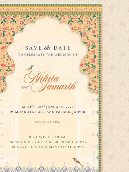 A closer view of the Rajasthani-themed Save the Date, highlighting the detailed archway illustration and elegant calligraphy. The small illustrated birds add a touch of life and charm to the design.