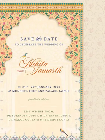 A closer view of the Rajasthani-themed Save the Date, highlighting the detailed archway illustration and elegant calligraphy. The small illustrated birds add a touch of life and charm to the design.