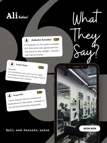 A collage of glowing reviews from happy clients. They praise the awesome experience, the "miracle worker" skills, and their loyalty to the salon.