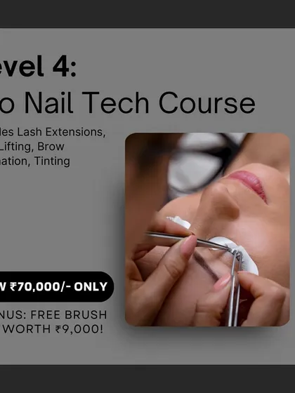 This image details our Pro Nail Tech course, which includes essential brow skills like lamination and tinting. We also provide a free professional brush kit so you have the tools you need to start practicing and working right away.