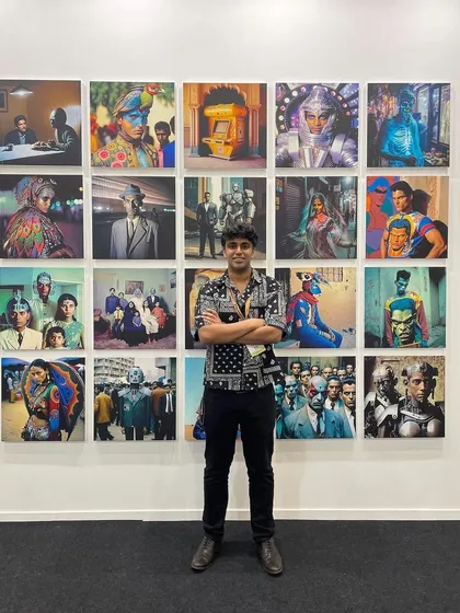 Standing in front of a wall of my prints at an exhibition. It's an incredible feeling to see the digital work take on a physical form.