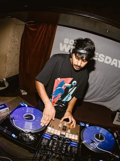 A close up of me on the decks at Boxout Wednesdays.